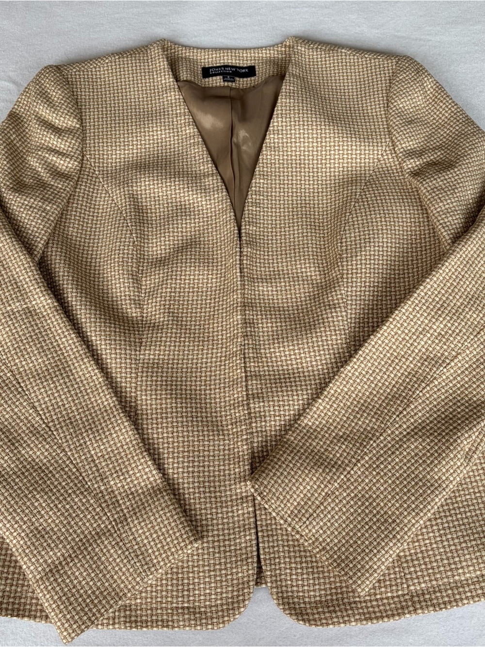 Vintage Jones New York Beige Collarless Textured Blazer Academia Tailored